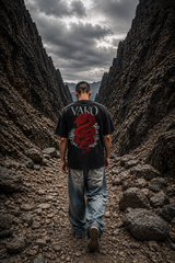 Person walking through a rocky canyon wearing a black t-shirt with a red logo.